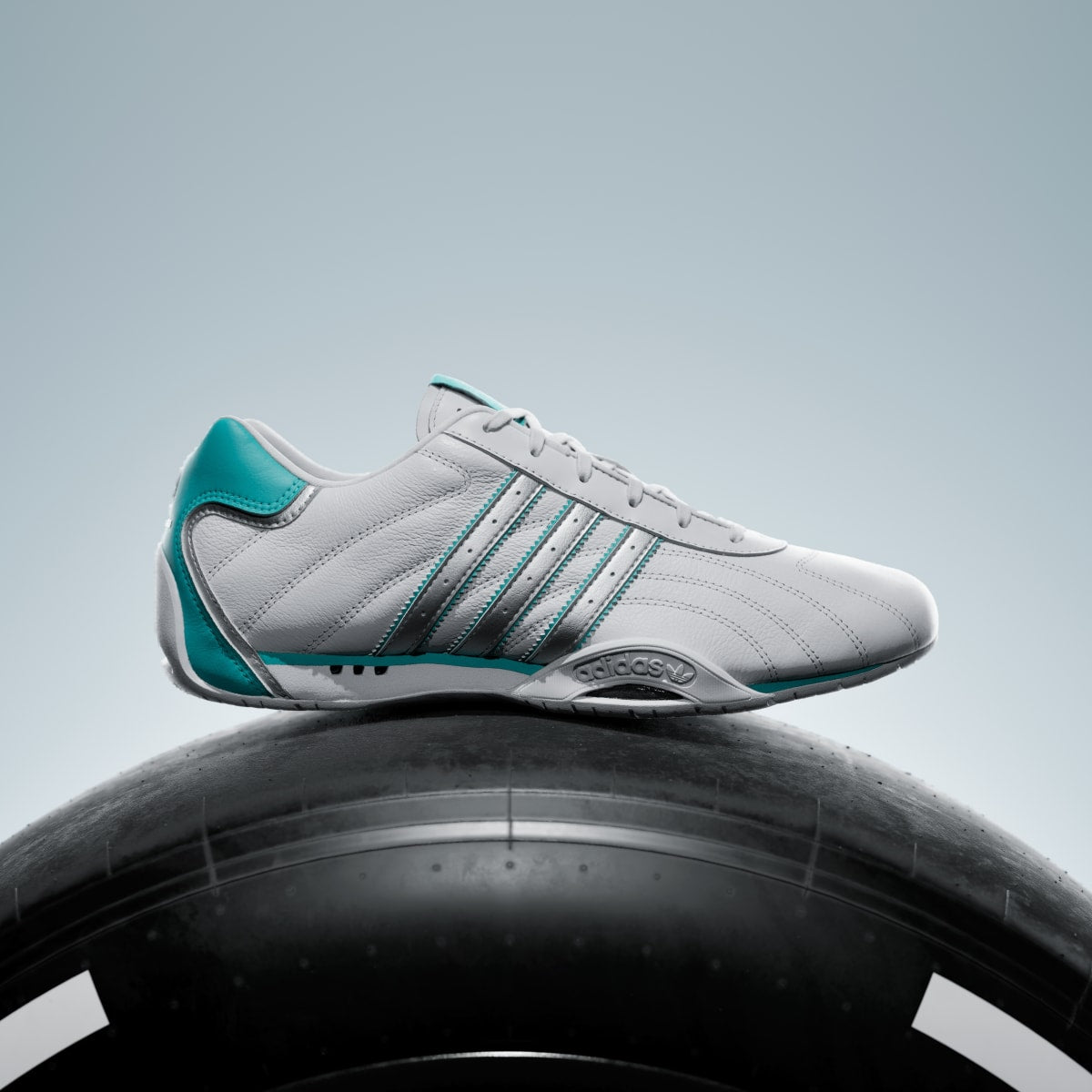 adidas Men's Adiracer LO Mercedes AMG Petronas F1 Team Shoes - Cloud White / Matte Silver / Semi Mint Rush