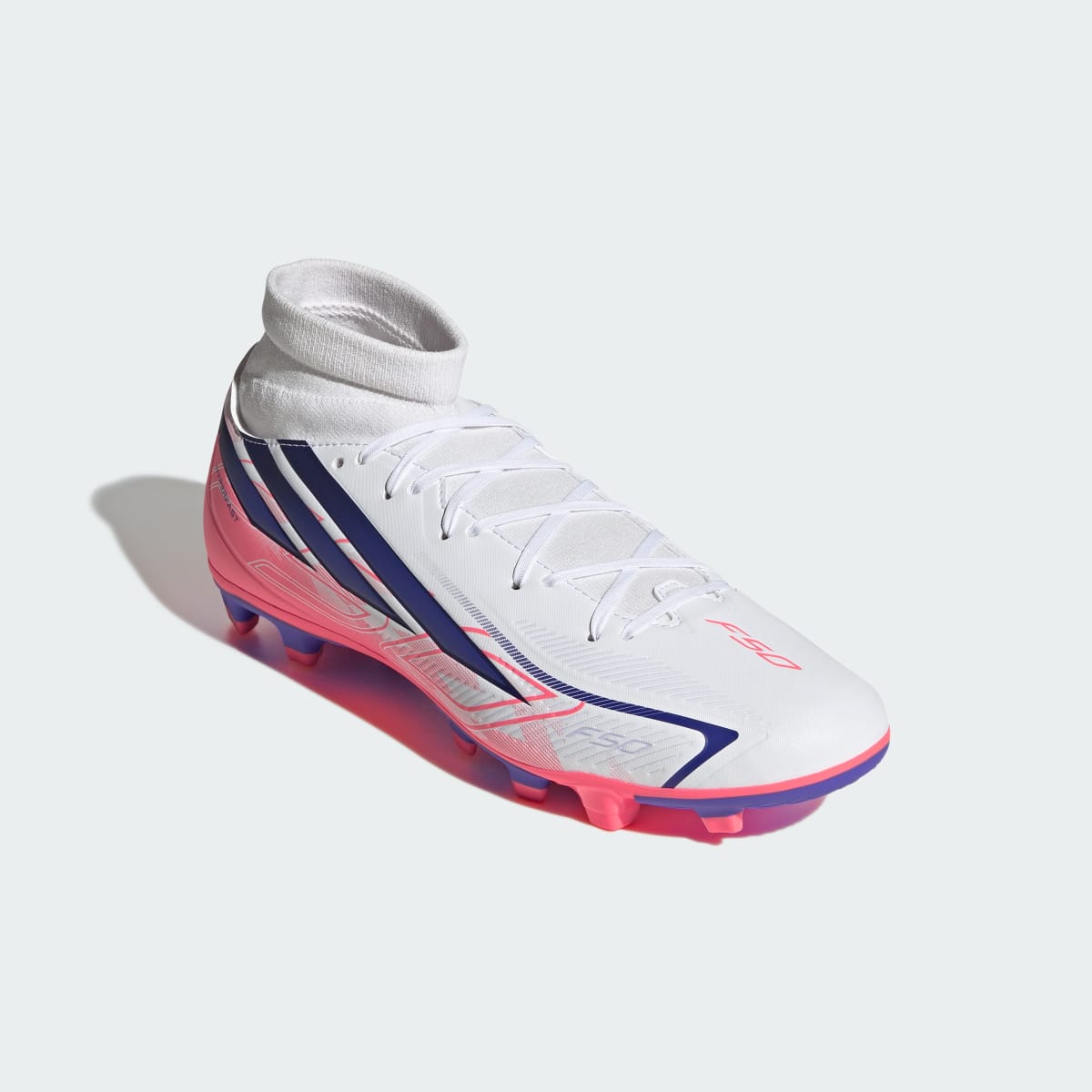 adidas Men's F50 Hyperfast Club Mid Firm Ground / Multi Ground Soccer Cleats - Cloud White / Solar Purple / Solar Turbo