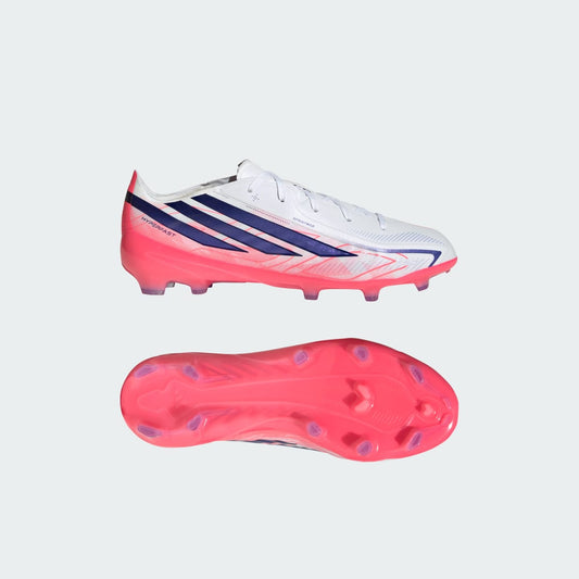 adidas Kids' F50 Hyperfast Elite Firm Ground Soccer Cleats - Cloud White / Solar Purple / Solar Turbo