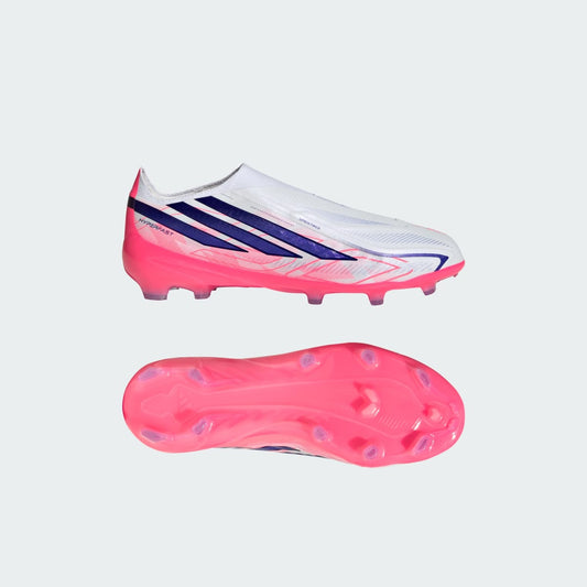 adidas Kids' F50 Hyperfast Elite Laceless Firm Ground Soccer Cleats - Cloud White / Solar Purple / Solar Turbo