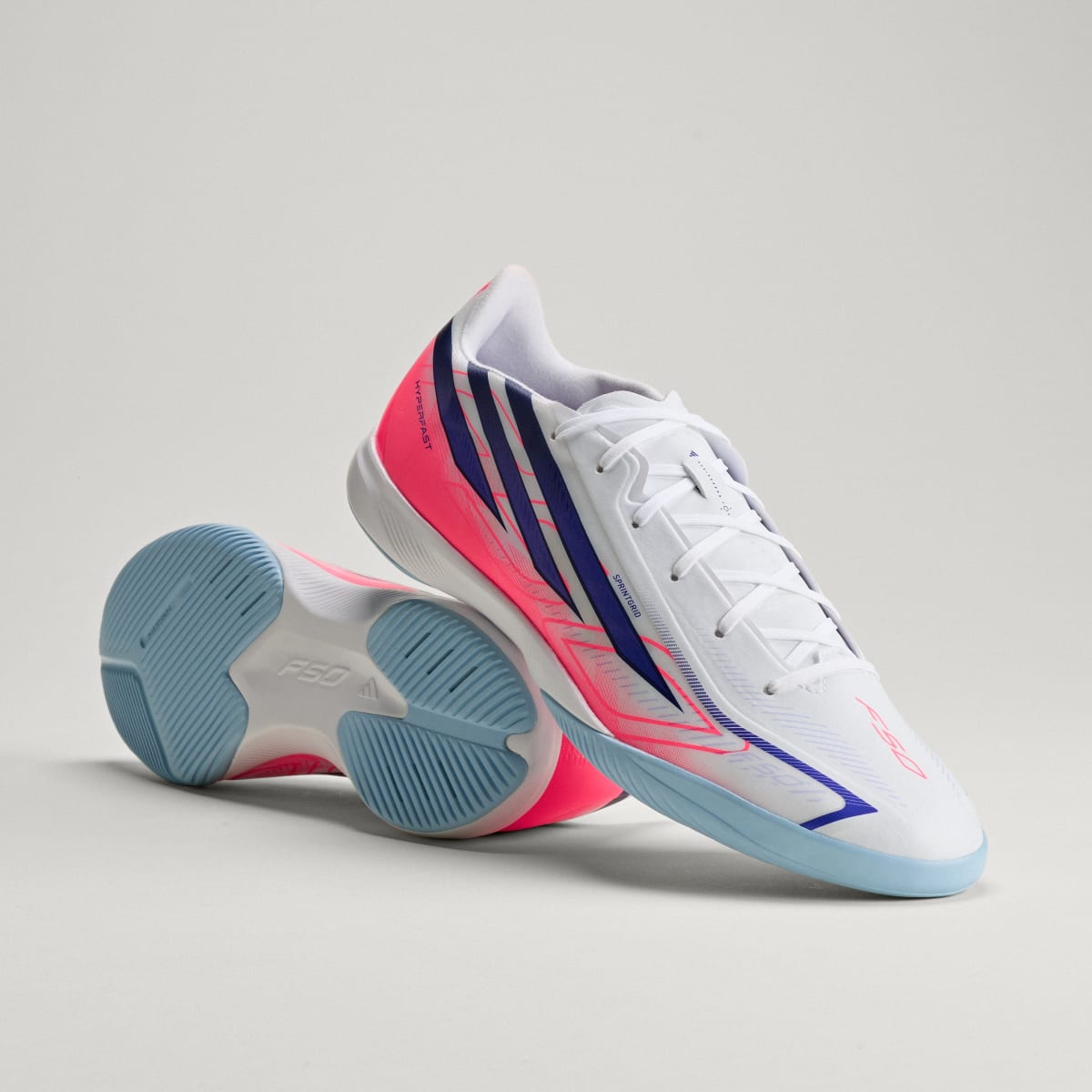 adidas Men's F50 Hyperfast League Indoor Soccer Cleats - Cloud White / Solar Purple / Solar Turbo