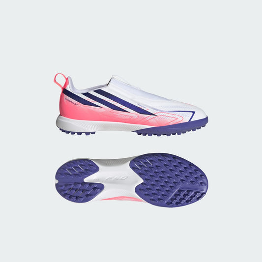 adidas Kids' F50 Hyperfast League Laceless Turf Soccer Shoes - Cloud White / Solar Purple / Solar Turbo