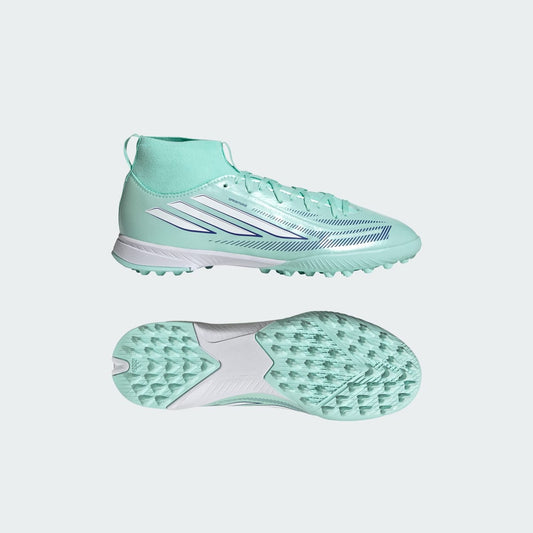 adidas Kids' F50 Sparkfusion League Mid Cut Turf Soccer Cleats - Clear Mint / Cloud White / Solar Purple