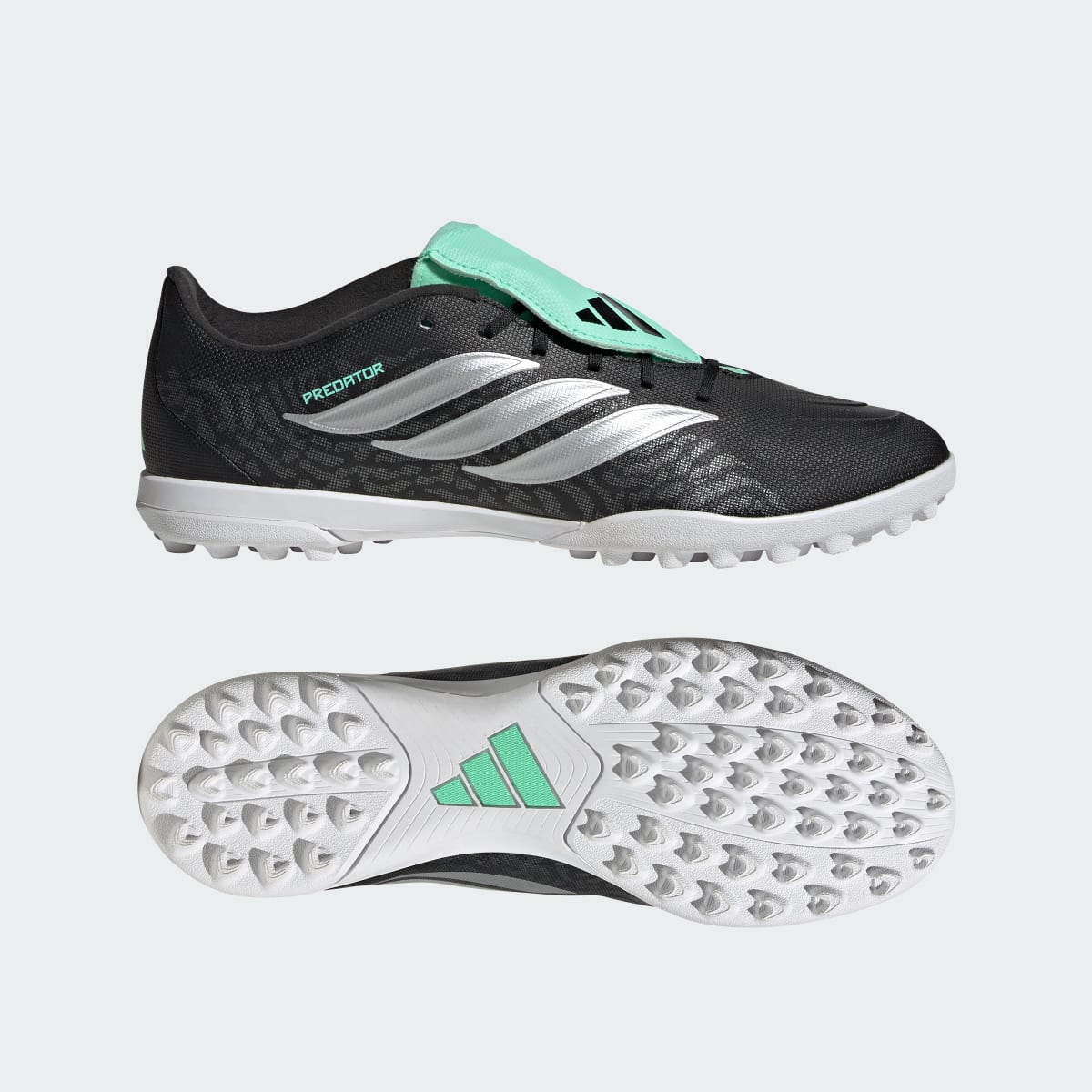 adidas Women's Predator Club Fold-Over Tongue Turf Soccer Cleats - Core Black / Silver Metallic / Pulse Mint